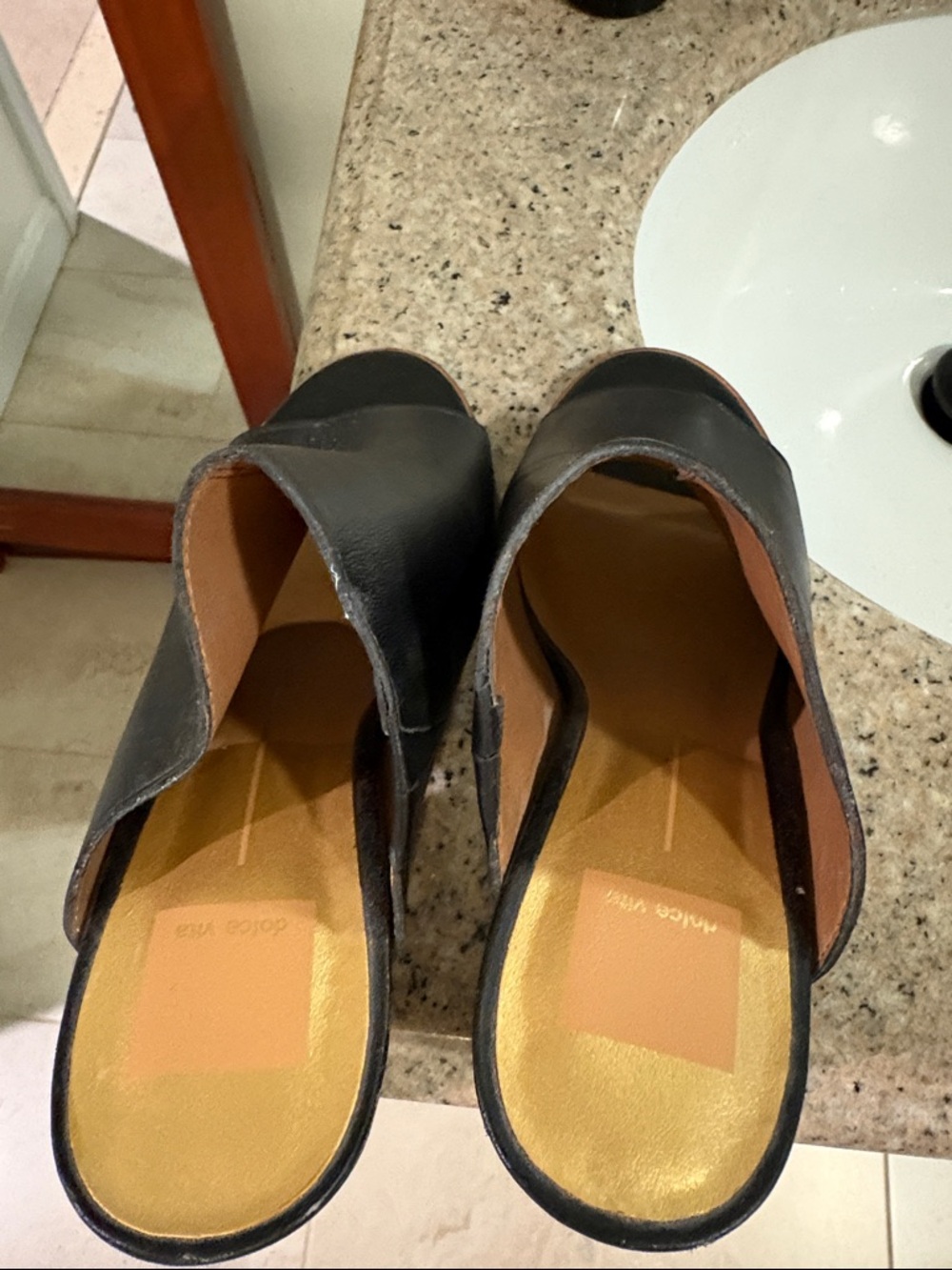 Black Leather Open-Back Mule with Stacked Block Heel - Picture 3 of 4